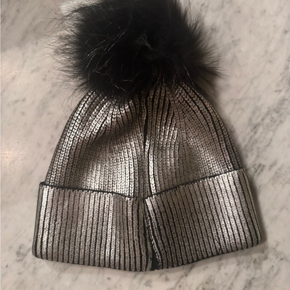 Jocelyn Silver and Black REAL FOX FUR Pom-pom Hat